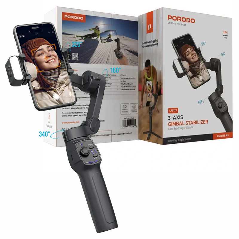 گیمبال و استابلایزر 3محوره هوشمند چراغدار پرودو مدل Porodo 3-Axis Gimbal lfs127