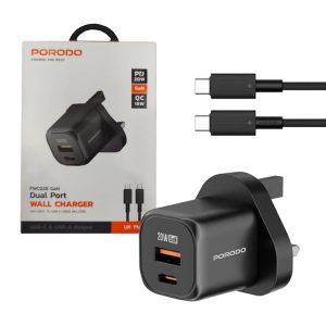 شارژر 2پورت 3پین کابل دوسر type c مدل Porodo dual port Gan wall charger FWC028 1