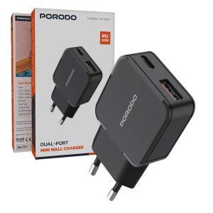 آداپتور شارژر 2 پورت یک پورت PD پرودو مدل Porodo Dual-Port Mini Wall Charger EU-Plug PDPA20W