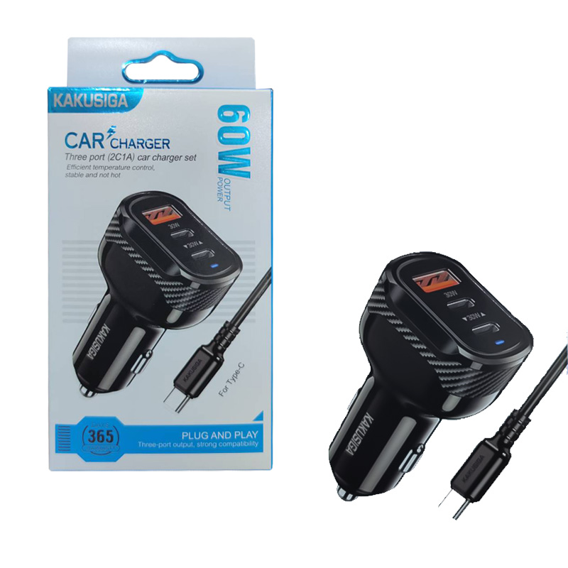 شارژر فندکی 3پورت 2پورت PD +کابل type-c فست 60وات Kakusiga KSC-1975