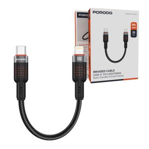 کابل شارژ و دیتا Type-C To Lightning فست کنفی Porodo Braided Cable USB-C to Lightning CBL0015 25cm 5 کابل 30 وات Braided پرودو