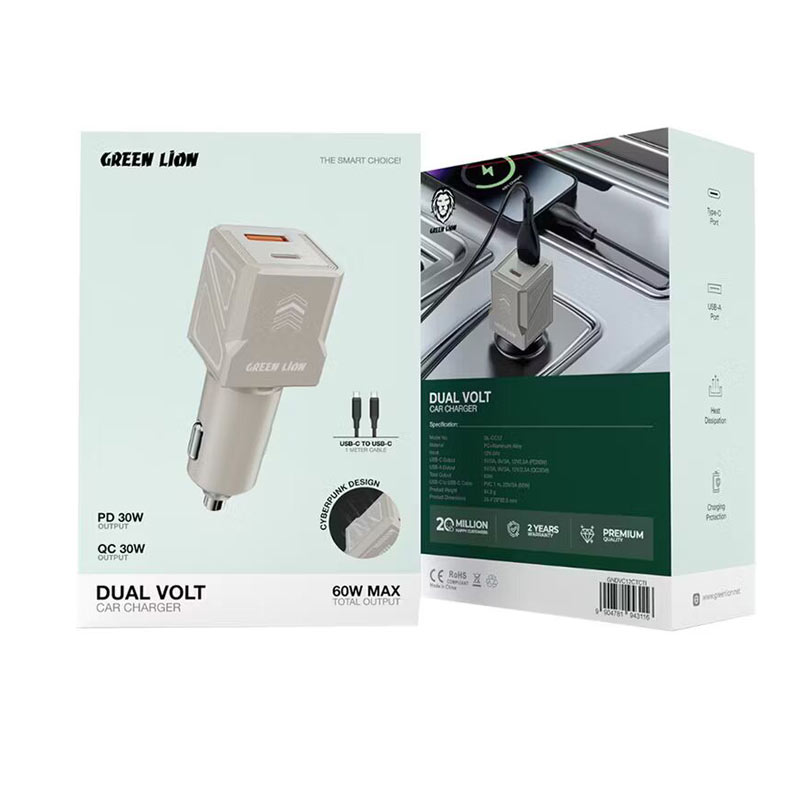 شارژر فندکی 60w دو پورت 1پورت PD دارای کابل دوسر گرین لاین Green Lion Dual Volt car charger GL-CC12 4 مشخصات Green Lion Dual Volt car charger GL-CC12