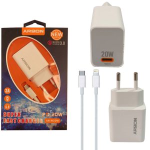 آداپتور_شارژر_فست_با_کابل_Type_C_به_Lightning_PD_QC3.0_Arson_AN-W20W