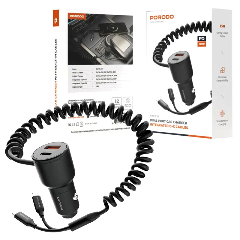 شارژر فندکی 2پورت یک پورتPD فست دارای کابل متصل فنری Porodo integrated C+C cables fwc033 1 شارژر فندکی 2پورت یک پورتPD فست دارای کابل متصل فنری Porodo integrated C+C cables fwc033