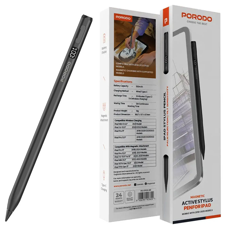 قلم هوشمند لمسی دیجیتالی پرودو مدل porodo Active Stylus Pen For ipad 7 قلم هوشمند پرودو Active Stylus – دقت، سرعت و شارژ دوحالته برای بهترین تجربه کار با iPad