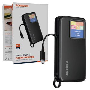 مودم سیم کارت خور و پاوربانک 1000mAH قابل حمل پرودو مدل porodo pocket router 4G LTE wifi6 3