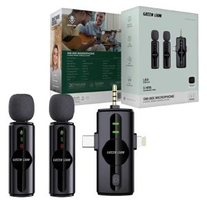میکروفن یقه ای بیسیم شارژی 2عددی دارای کاور Green Lion GM 80X 3 In 1،Type clightningAUX ANC 3