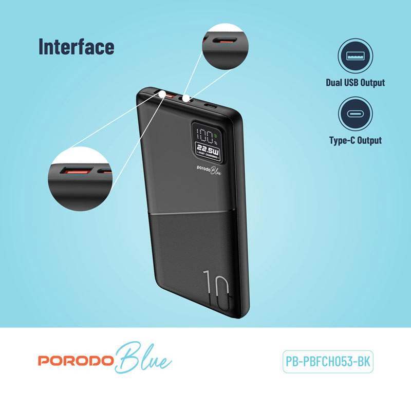 پاوربانک 10000mAh فست Porodo Blue LCD 22.5w PD&QC Pb053 4 پاوربانک 10000mAh فست Porodo Blue LCD 22.5w PD&QC Pb053 - Image 4